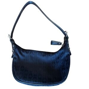 Fossil Black Monogram Jacquard Canvas Baguette Shoulder Bag Leather Trim Y2K